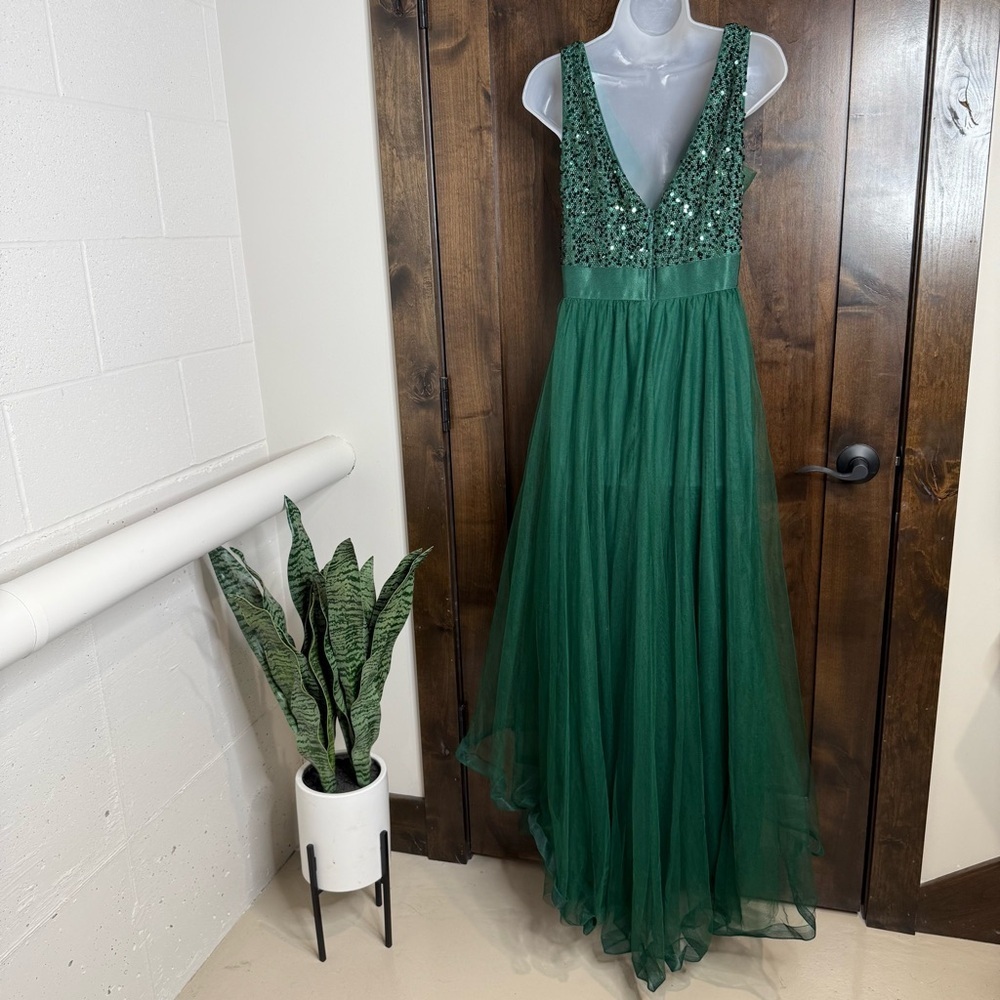 Ever-Pretty Green Sequin Maxi Dress High-Low Vneck Vback US Size 14 prom formal - Picture 4 of 8